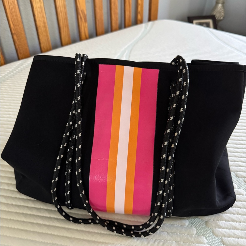 Neoprene Black Tote Bag with Pink & Orange Stripe Accent